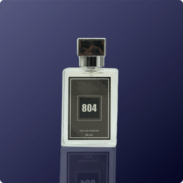 Perfume bottle labeled '804' on a dark blue background