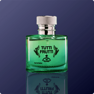 Green perfume bottle labeled 'Tutti Frutti' on a dark blue background