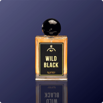 Perfume bottle labeled 'Wild Black' on a dark blue background