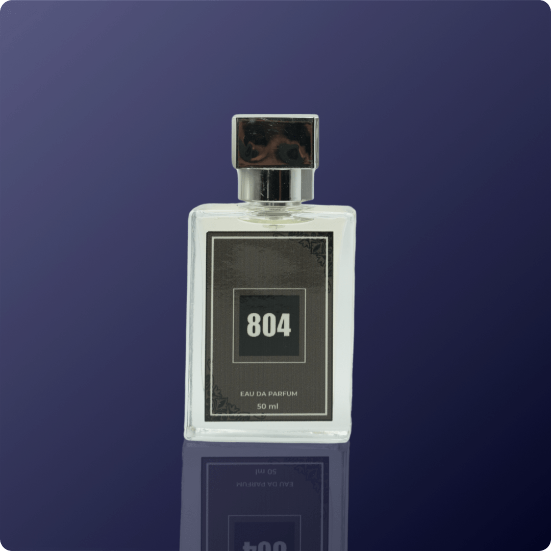 Perfume bottle labeled '804' on a dark blue background