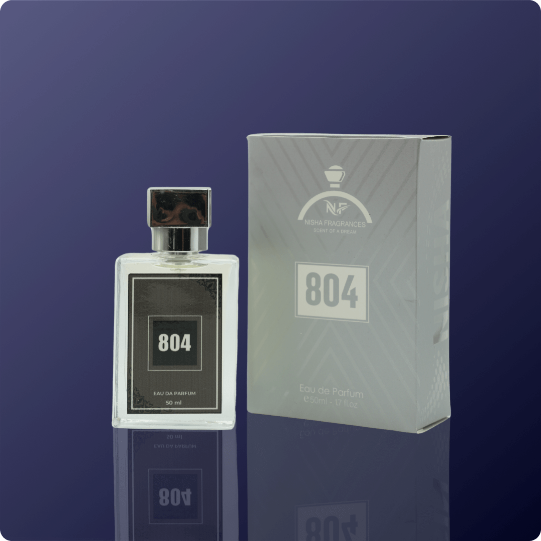Perfume bottle labeled '804' on a dark blue background