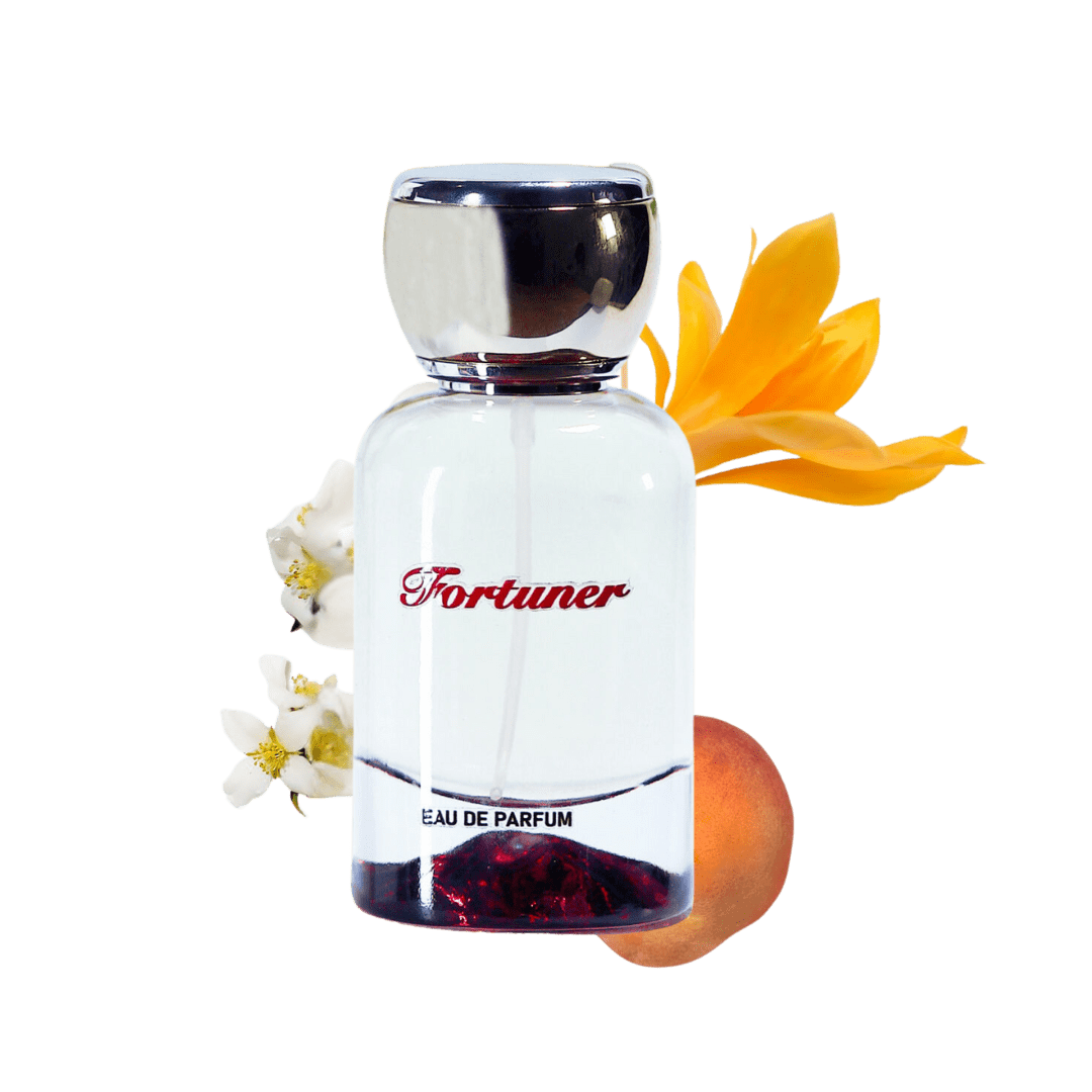 Fortuner perfume bottle with flowers and an orange on a transparent background