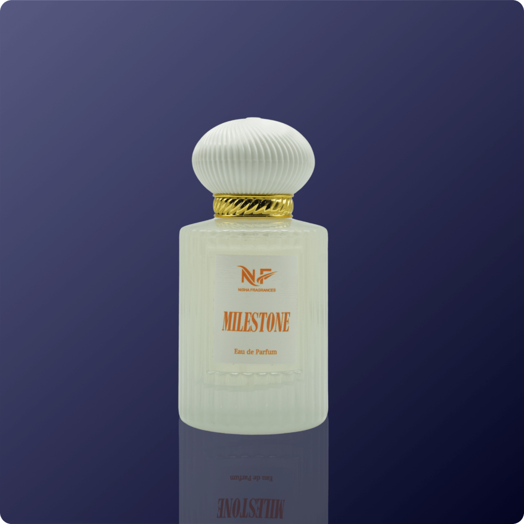 Perfume bottle labeled 'Milestone' on a dark blue background