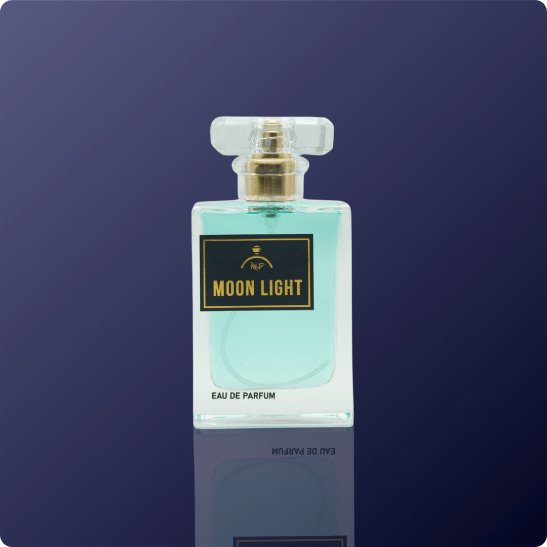 Perfume bottle labeled 'Moon Light' on a dark blue background