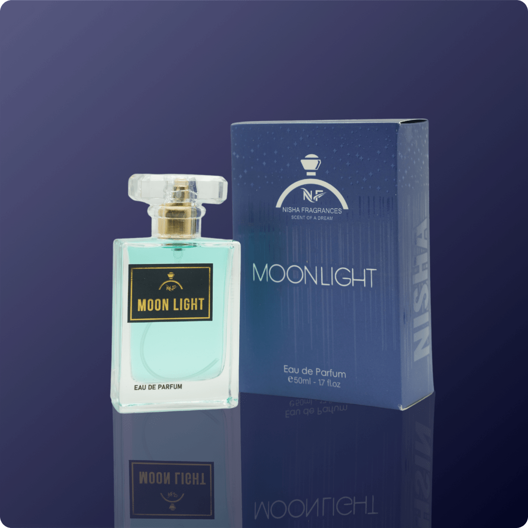 Perfume bottle labeled 'Moon Light' on a dark blue background