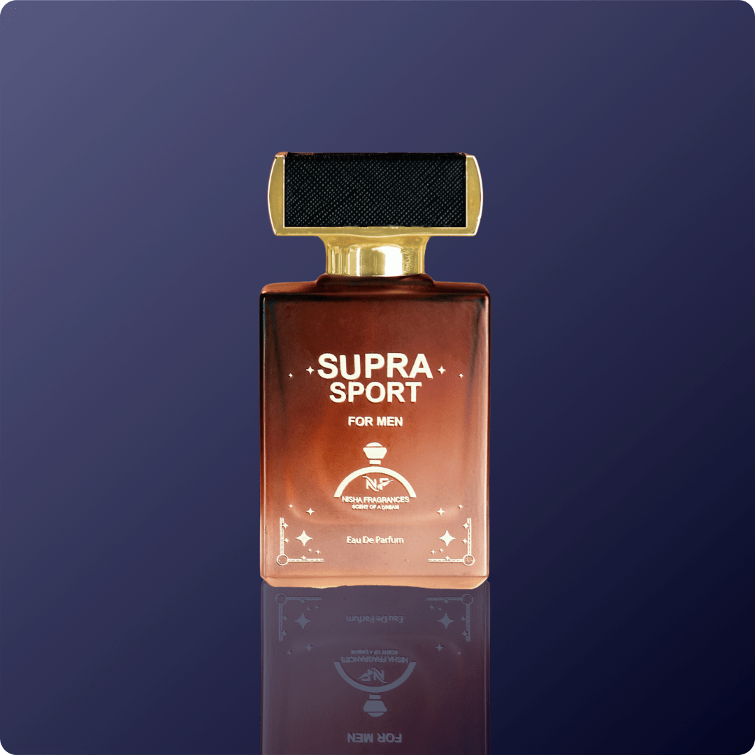 Supra Sport perfume bottle for men on a dark blue background