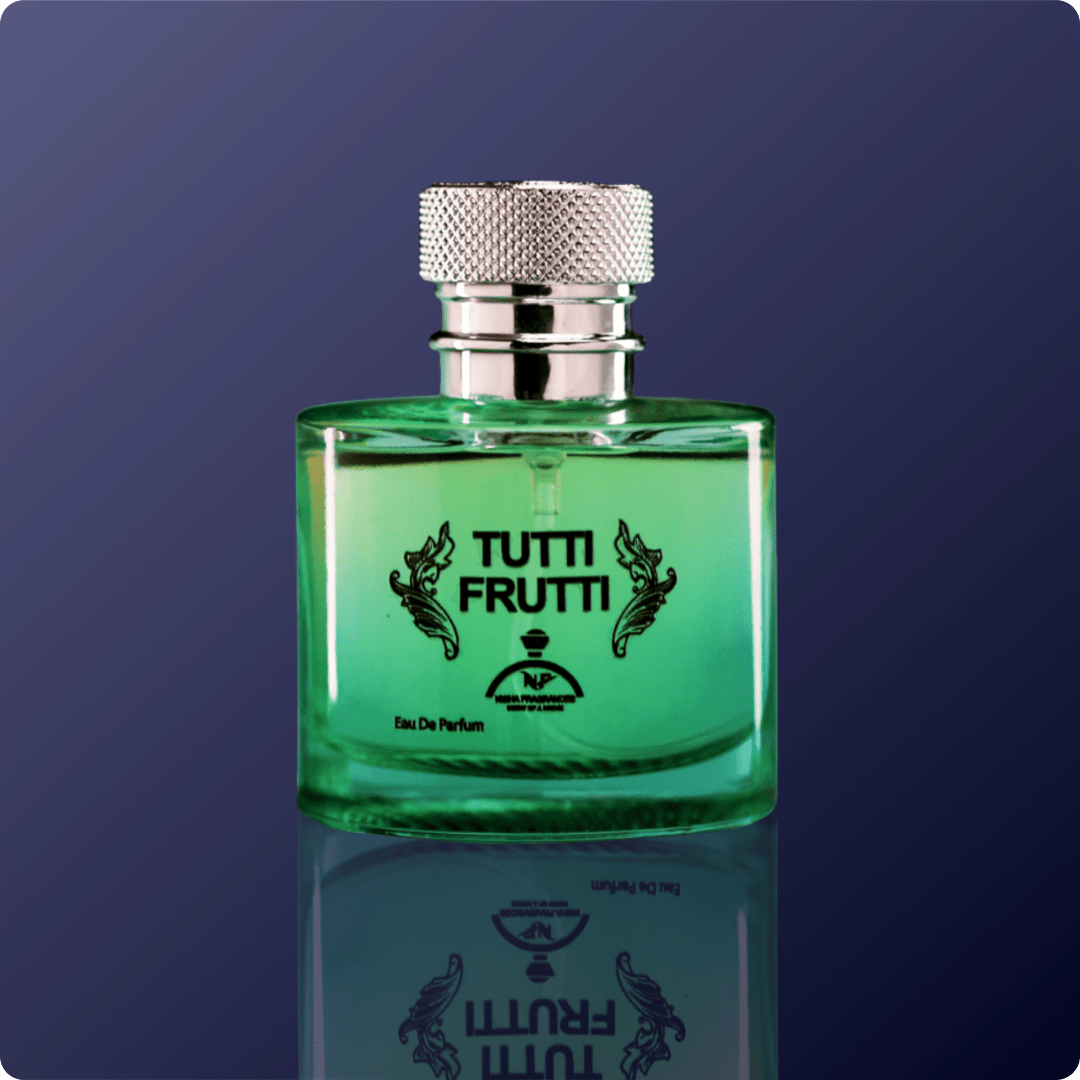 Green perfume bottle labeled 'Tutti Frutti' on a dark blue background