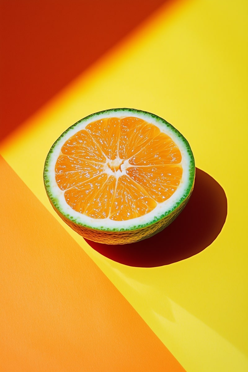 Half-cut orange on a yellow and orange gradient background