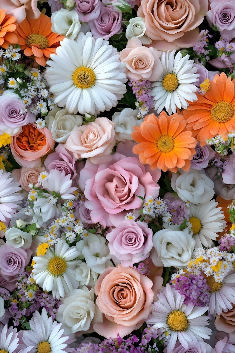 Colorful floral arrangement with roses, daisies, and other flowers.