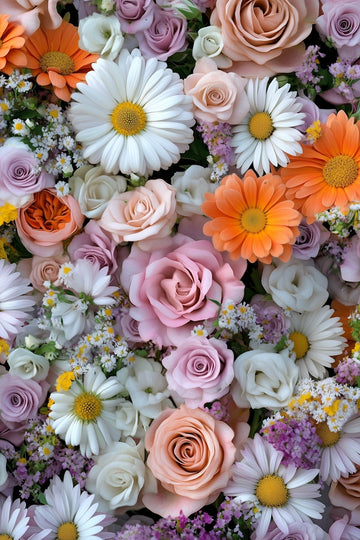 Colorful floral arrangement with roses, daisies, and other flowers.