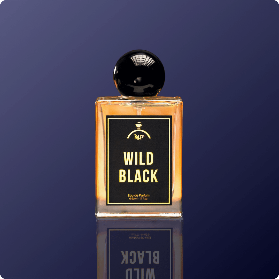 Perfume bottle labeled 'Wild Black' on a dark blue background