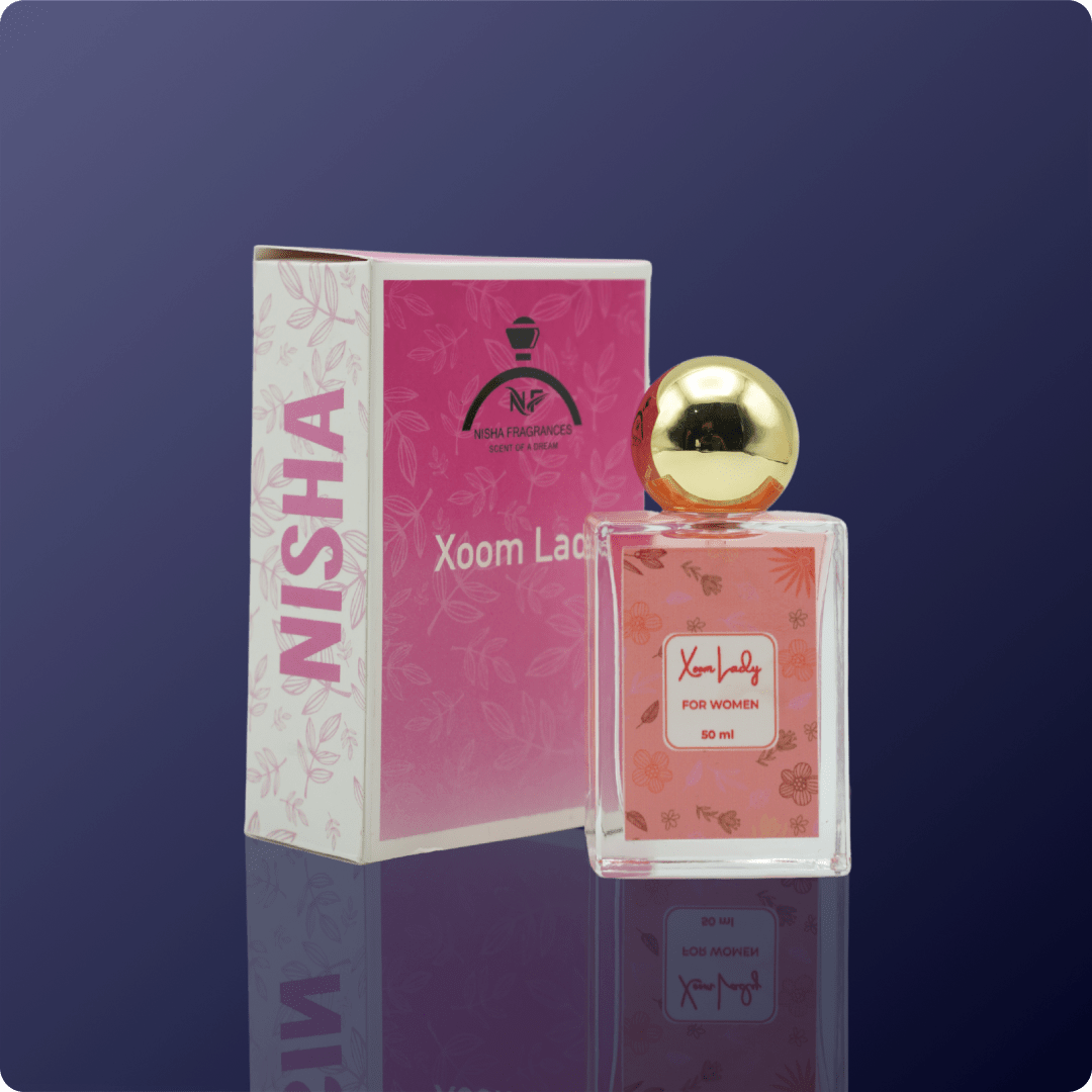 Perfume bottle with gold cap on a reflective surface against a dark blue background