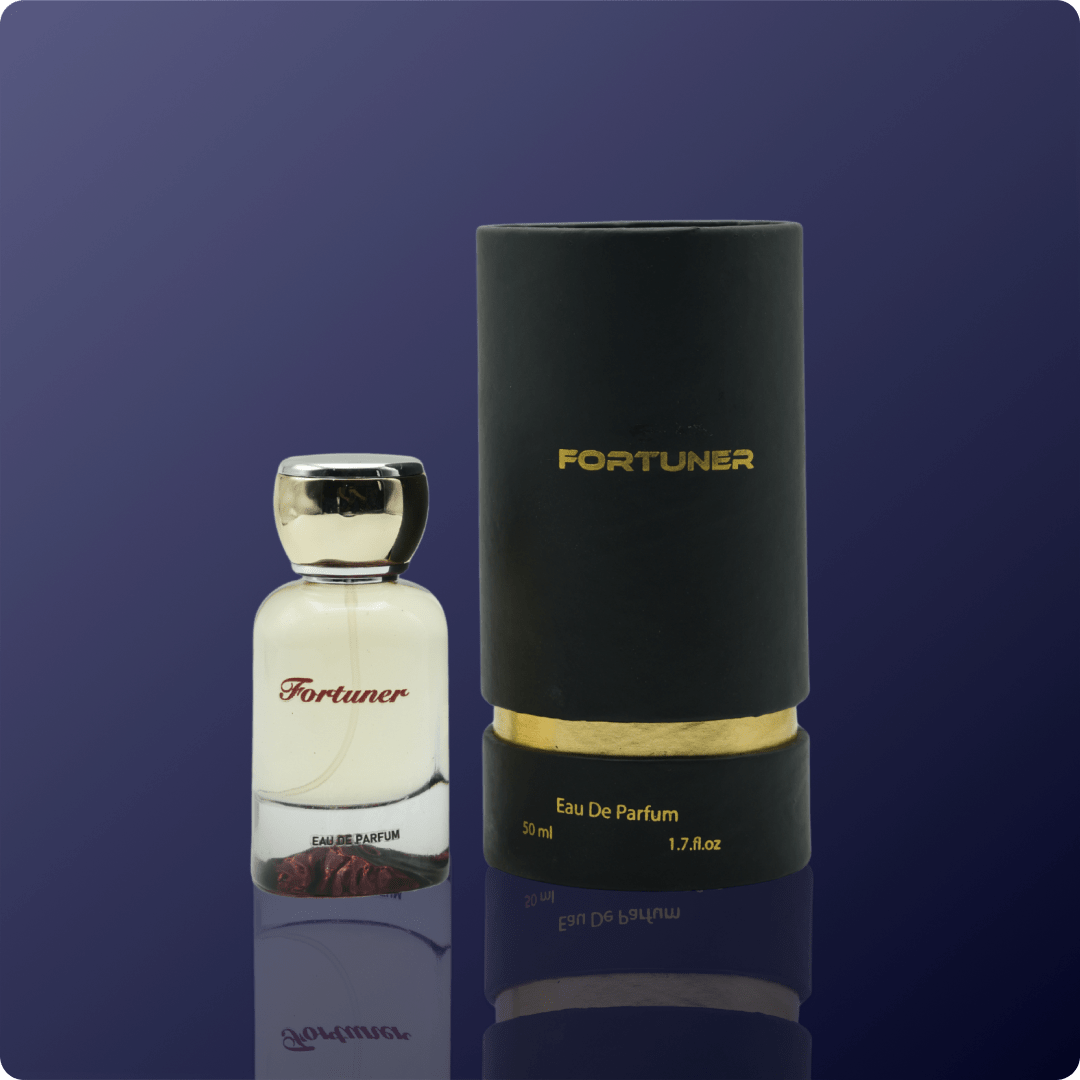 Perfume bottle labeled 'Fortuner' on a dark blue background