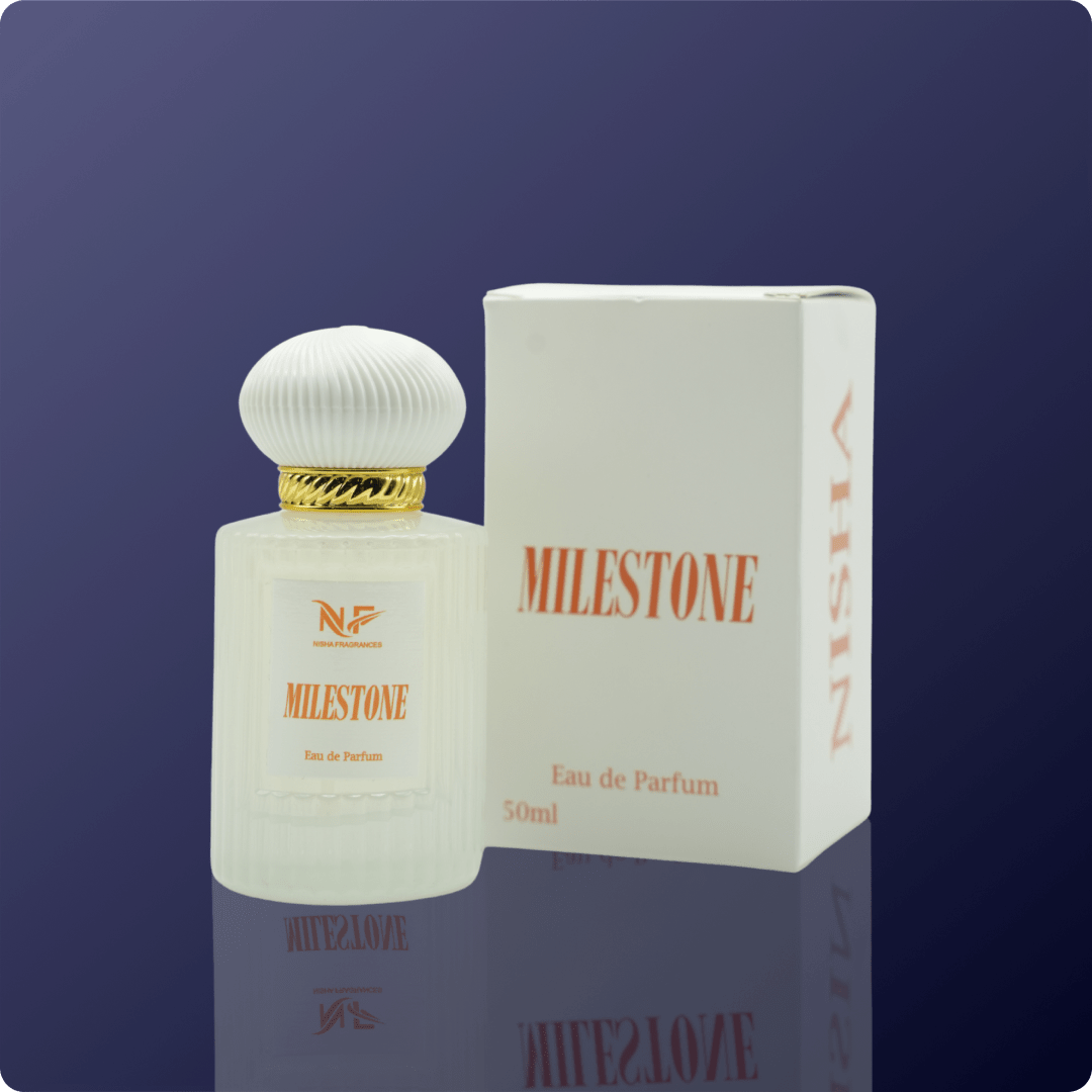 Perfume bottle labeled 'Milestone' on a dark blue background