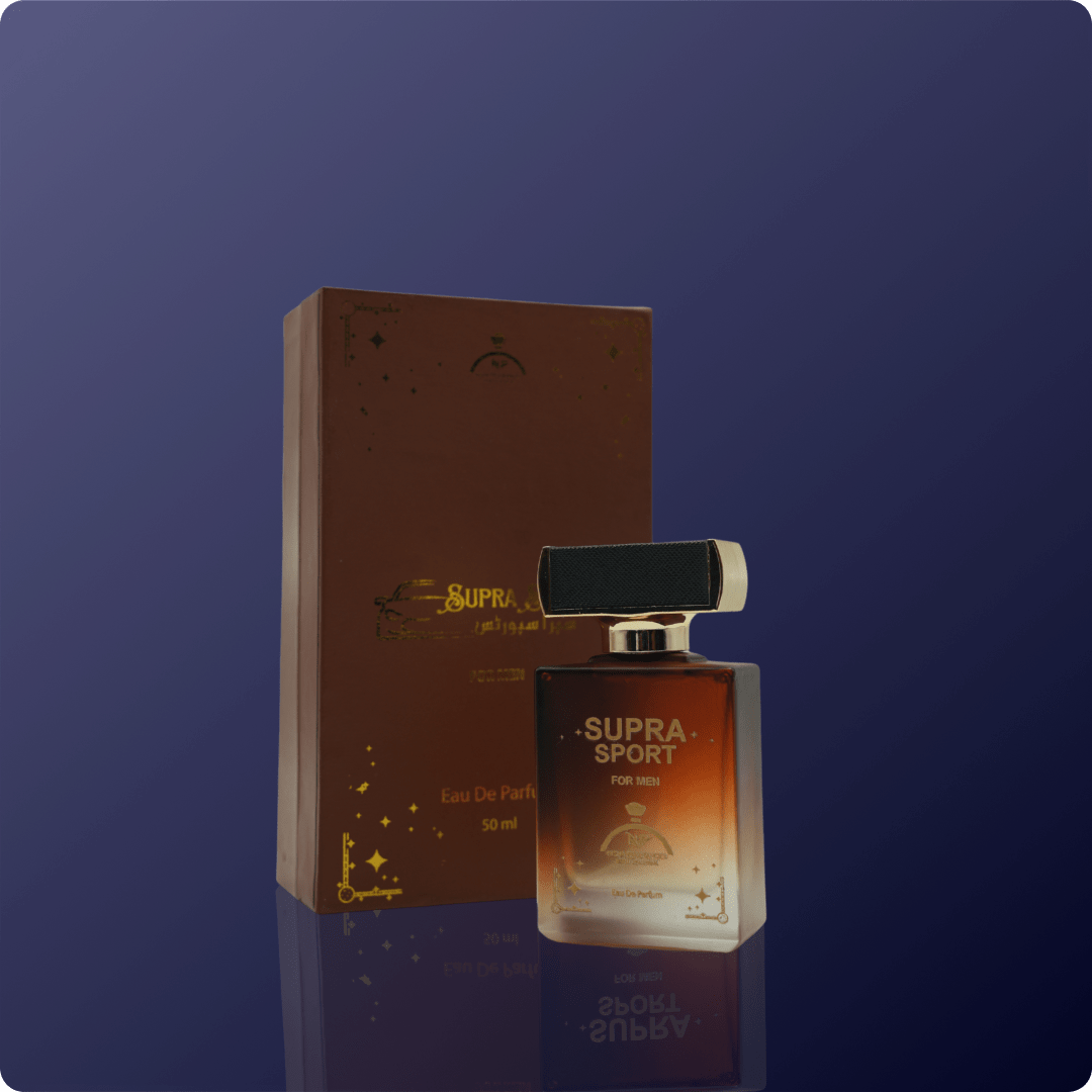 Supra Sport perfume bottle for men on a dark blue background