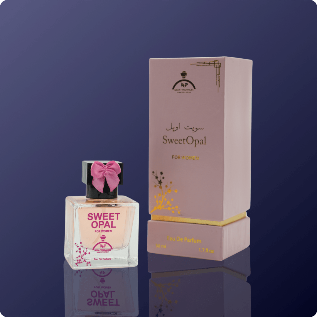 Perfume bottle labeled 'Sweet Opal' with a pink bow on a dark blue background
