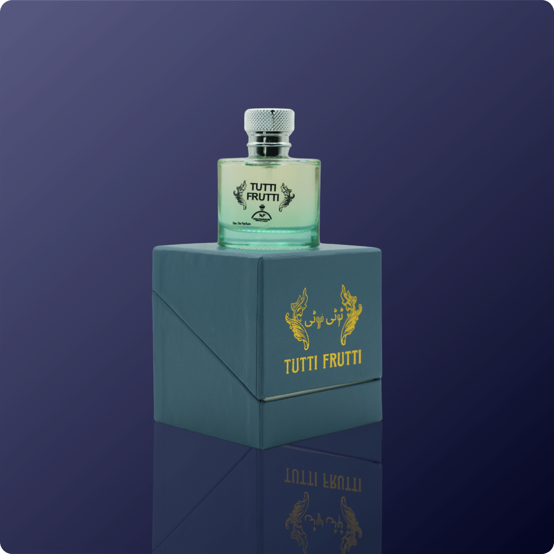 Green perfume bottle labeled 'Tutti Frutti' on a dark blue background