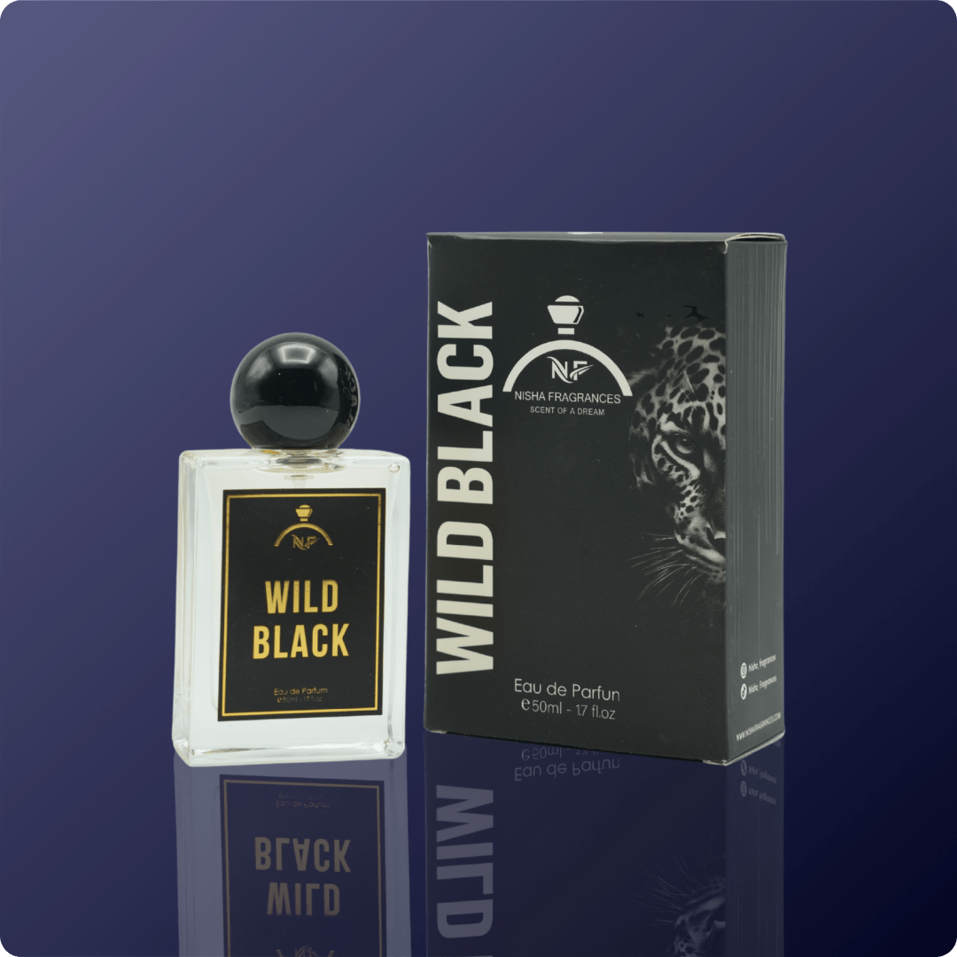 Perfume bottle labeled 'Wild Black' on a dark blue background
